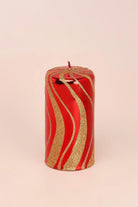 Mirror Glass Pillar and Ball Candles, Red and Gold Swirl — lifestyle view, G Decor