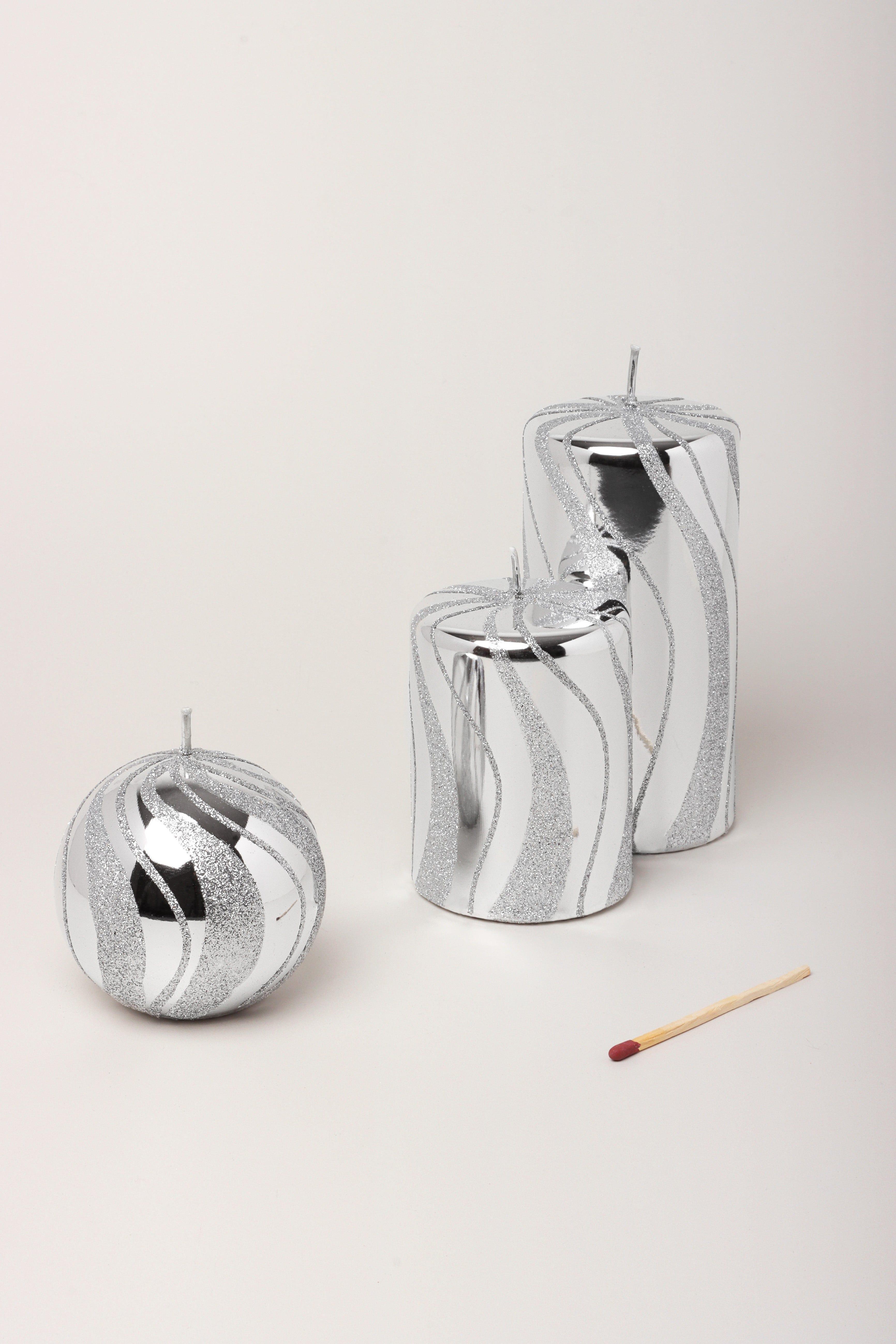 Mirror Glass Effect Limited Edition Hand-Finished Silver Swirl Glitter Pillar & Ball Candles - G Decor