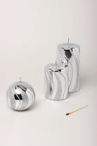 Mirror Glass Pillar and Ball Candles in Silver Swirl Glitter — G Decor
