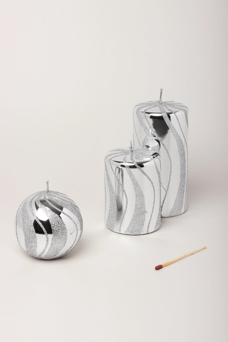 Mirror Glass Pillar and Ball Candles in Silver Swirl Glitter