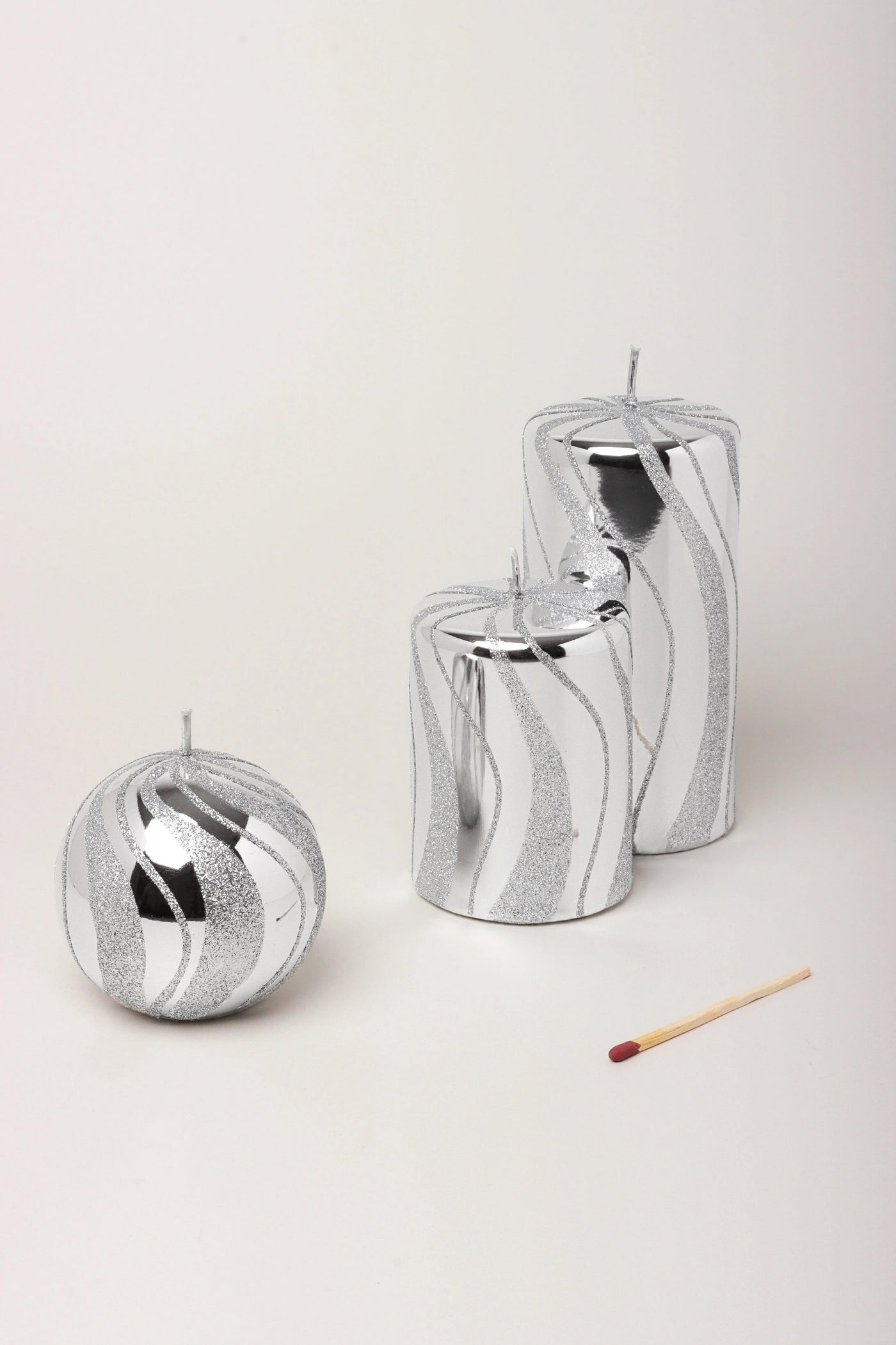 Mirror Glass Pillar and Ball Candles in Silver Swirl Glitter