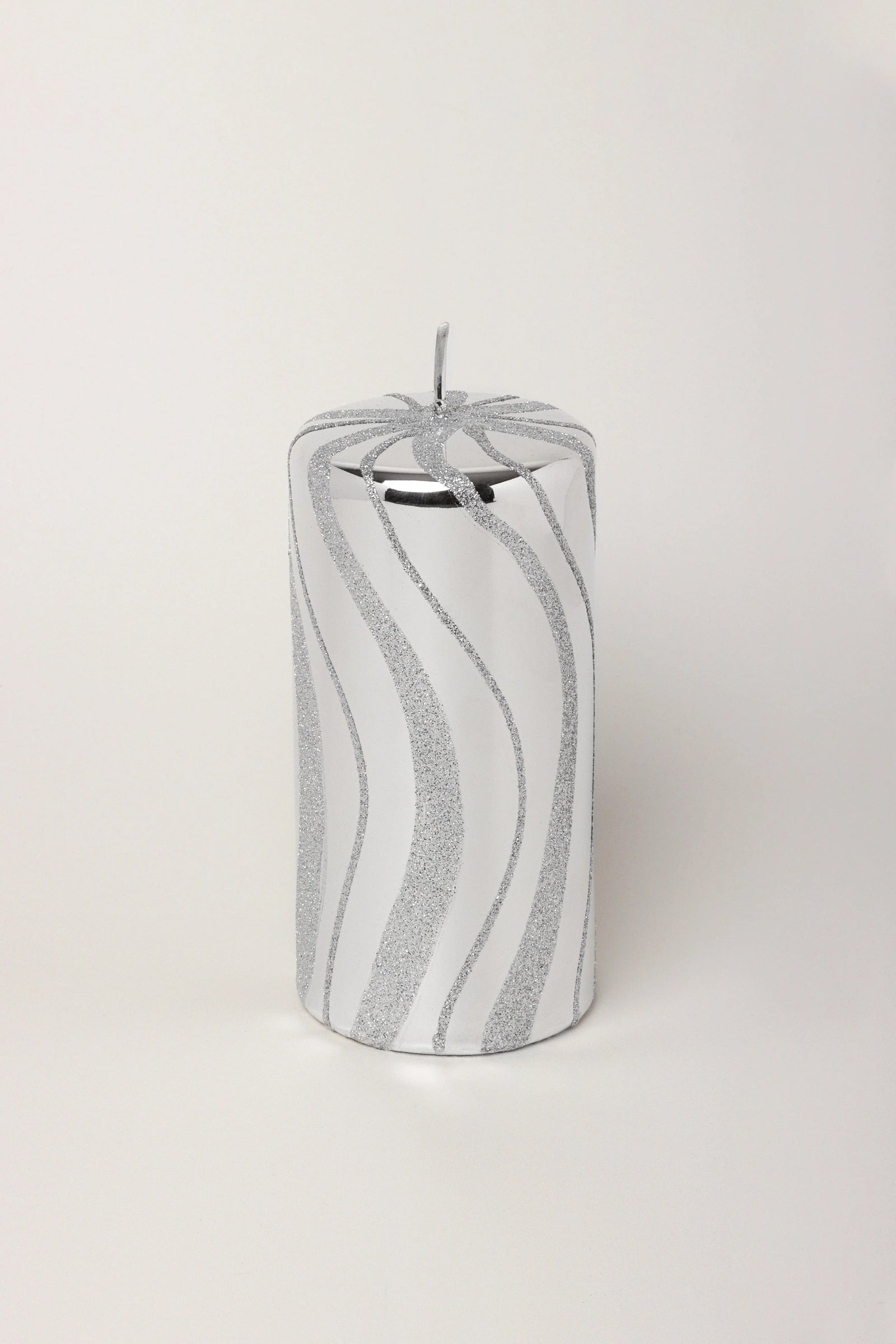 Mirror Glass Pillar and Ball Candles in Silver Swirl Glitter — alternate view, G Decor