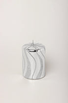 Mirror Glass Pillar and Ball Candles in Silver Swirl Glitter — close-up view, G Decor
