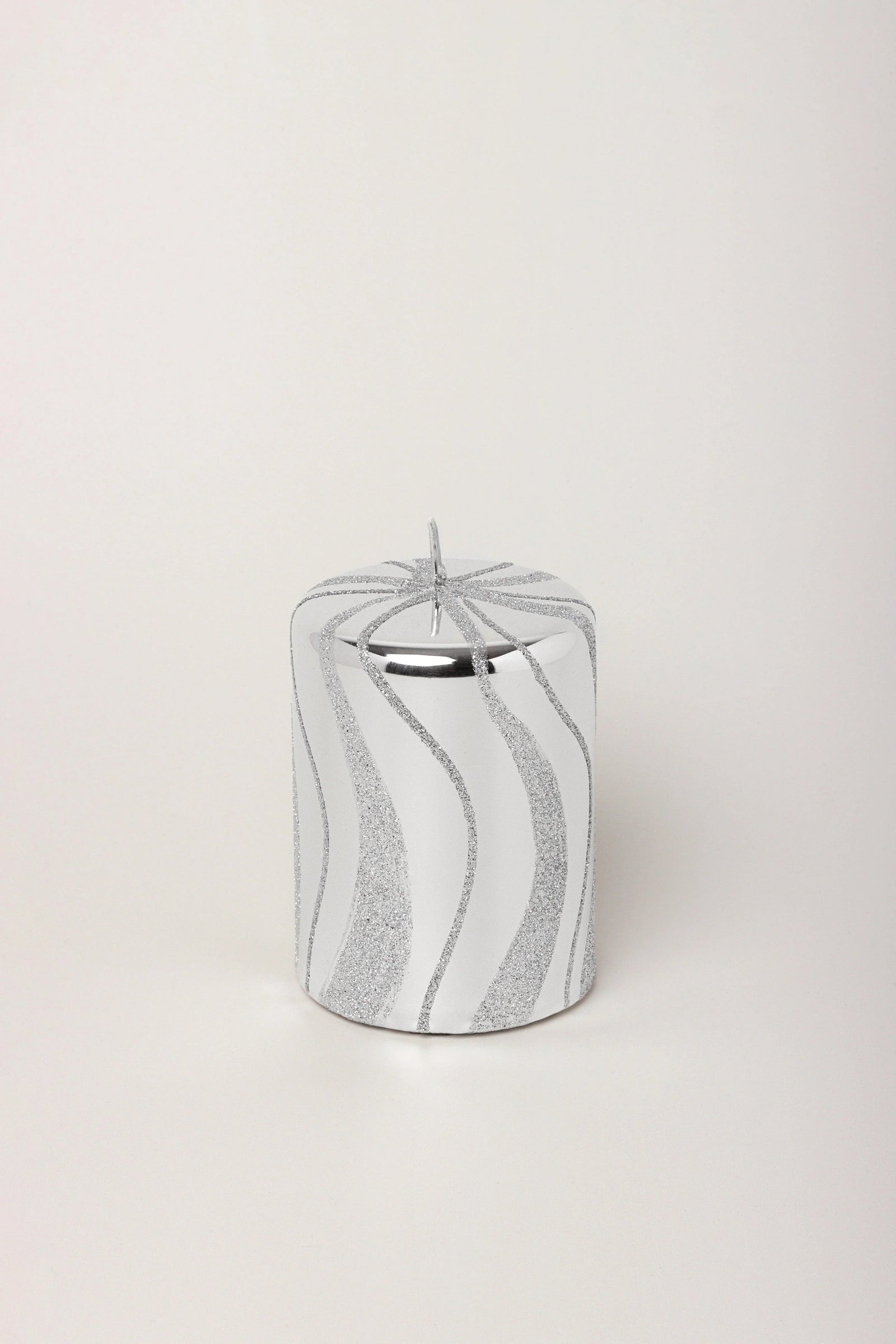 Mirror Glass Pillar and Ball Candles in Silver Swirl Glitter — close-up view, G Decor