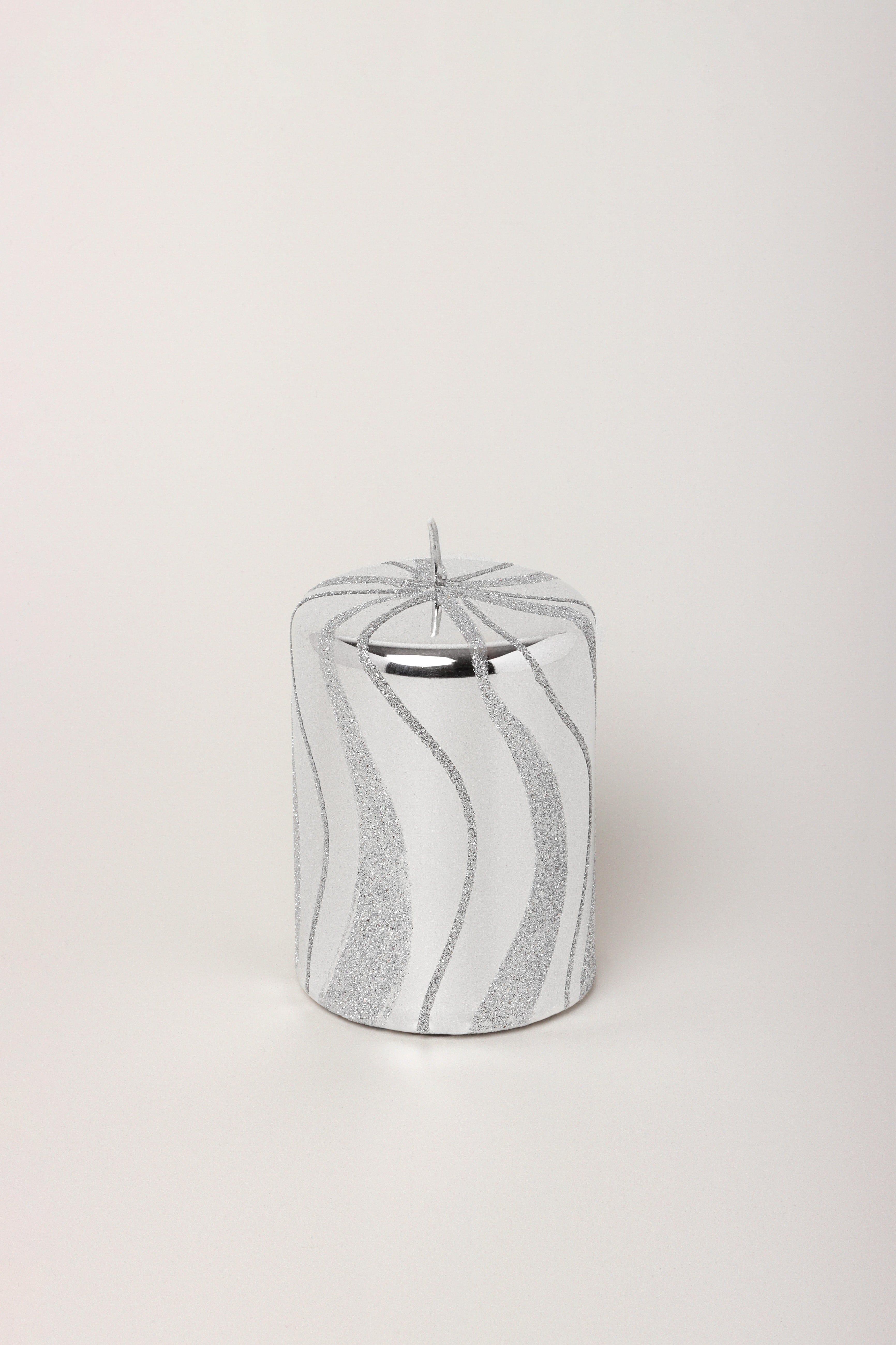 Mirror Glass Effect Limited Edition Hand-Finished Silver Swirl Glitter Pillar & Ball Candles - G Decor