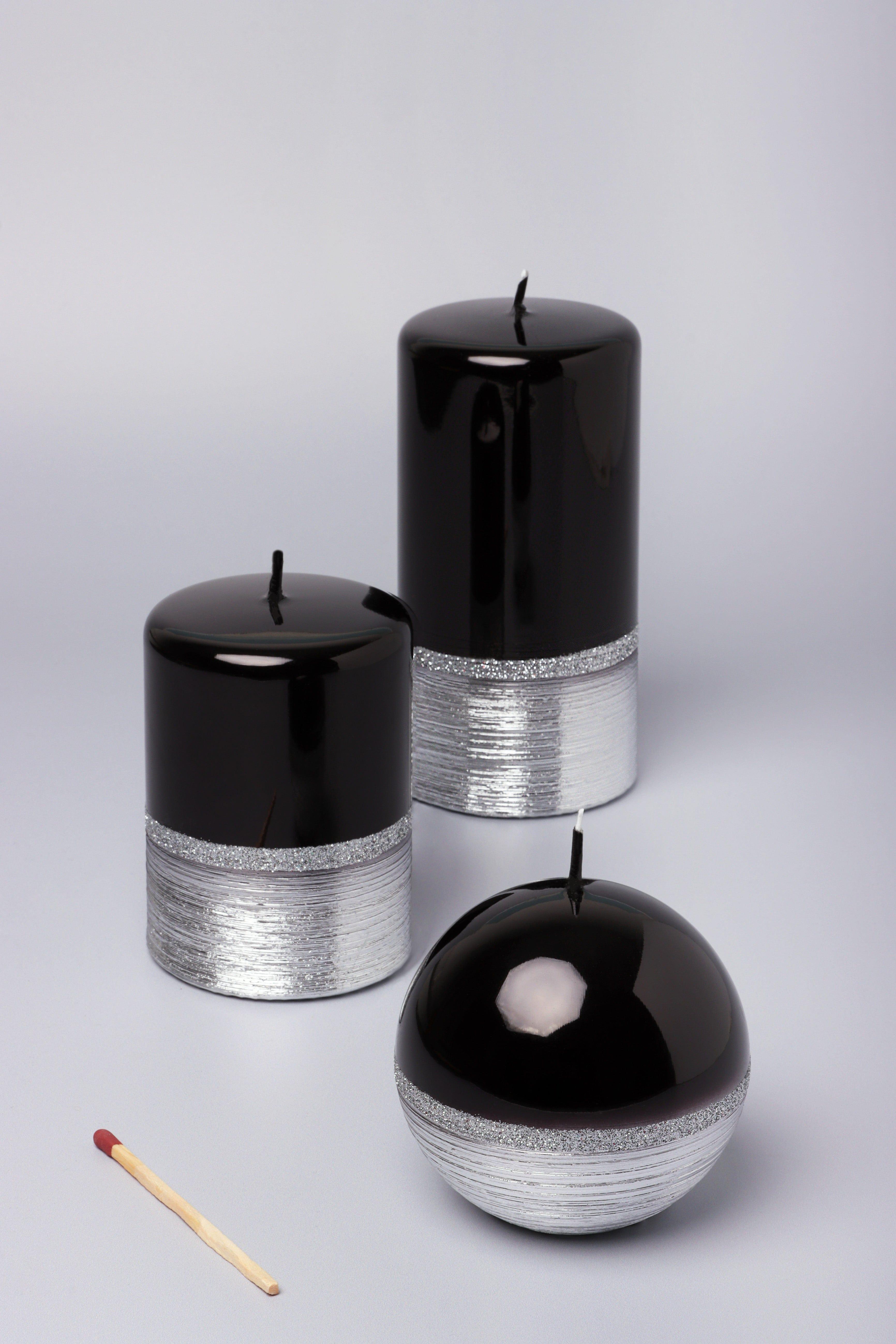 Mirror Glass Effect Limited Edition Hand-Finished Two-Tone Black Onyx & Silver Pillar & Ball Candles - G Decor