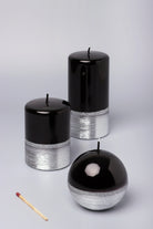 Mirror Glass Pillar and Ball Candles in Two-Tone Black Onyx and Silver — G Decor