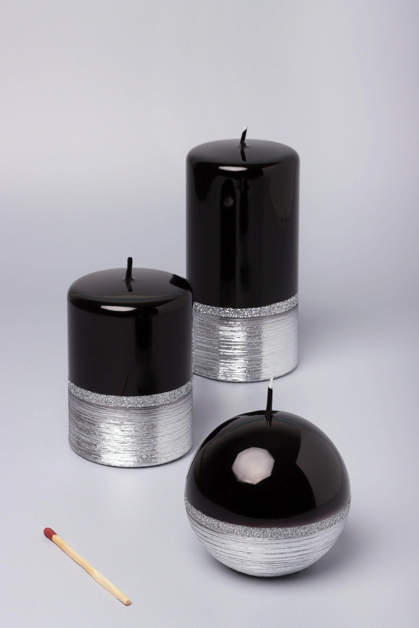 Mirror Glass Pillar & Ball Candles — Black Onyx & Silver