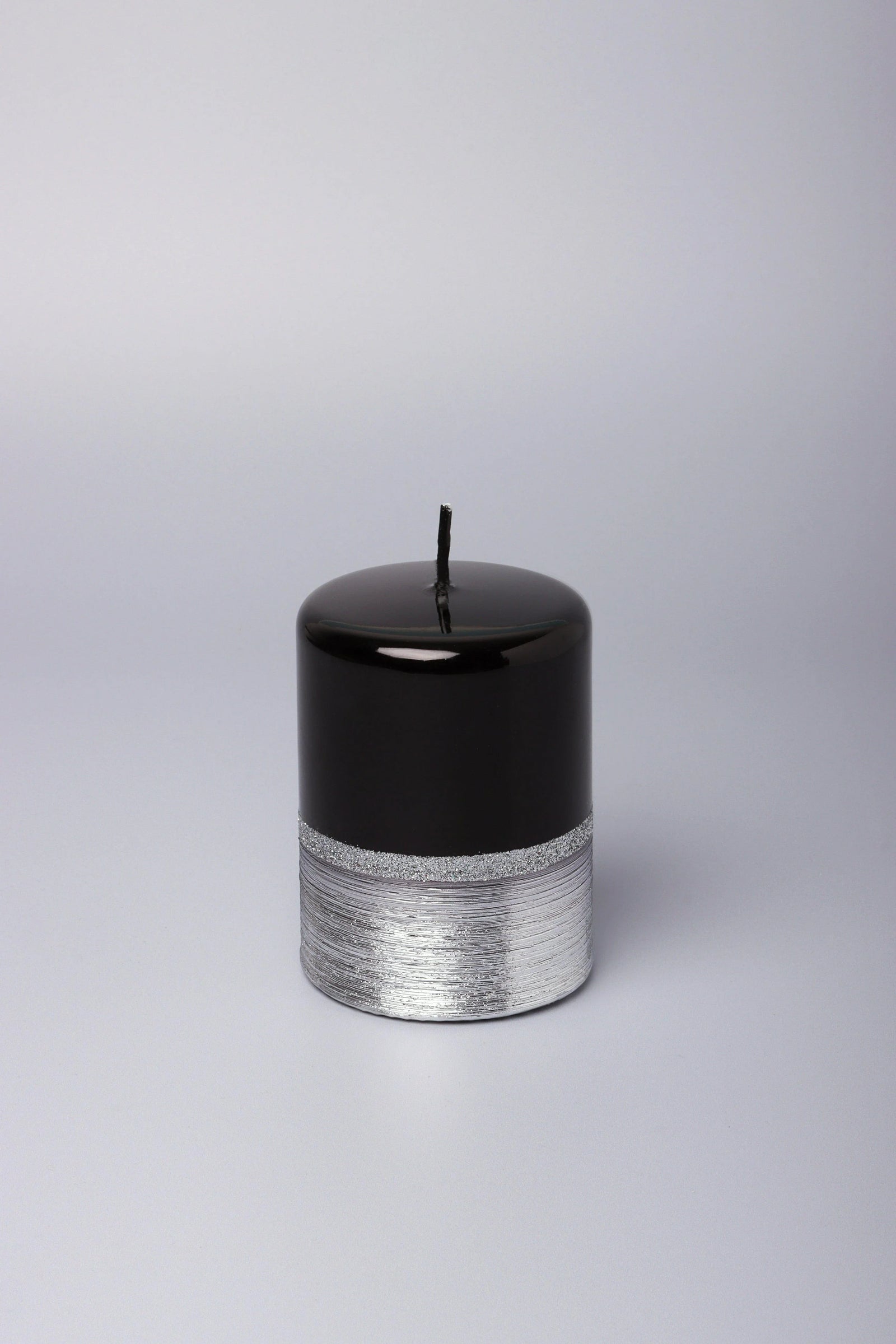 Mirror Glass Pillar and Ball Candles in Two-Tone Black Onyx and Silver — close-up view, G Decor