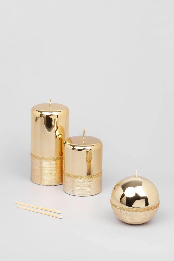 Mirror Glass Pillar and Ball Candles in Two-Tone Gold Luxe