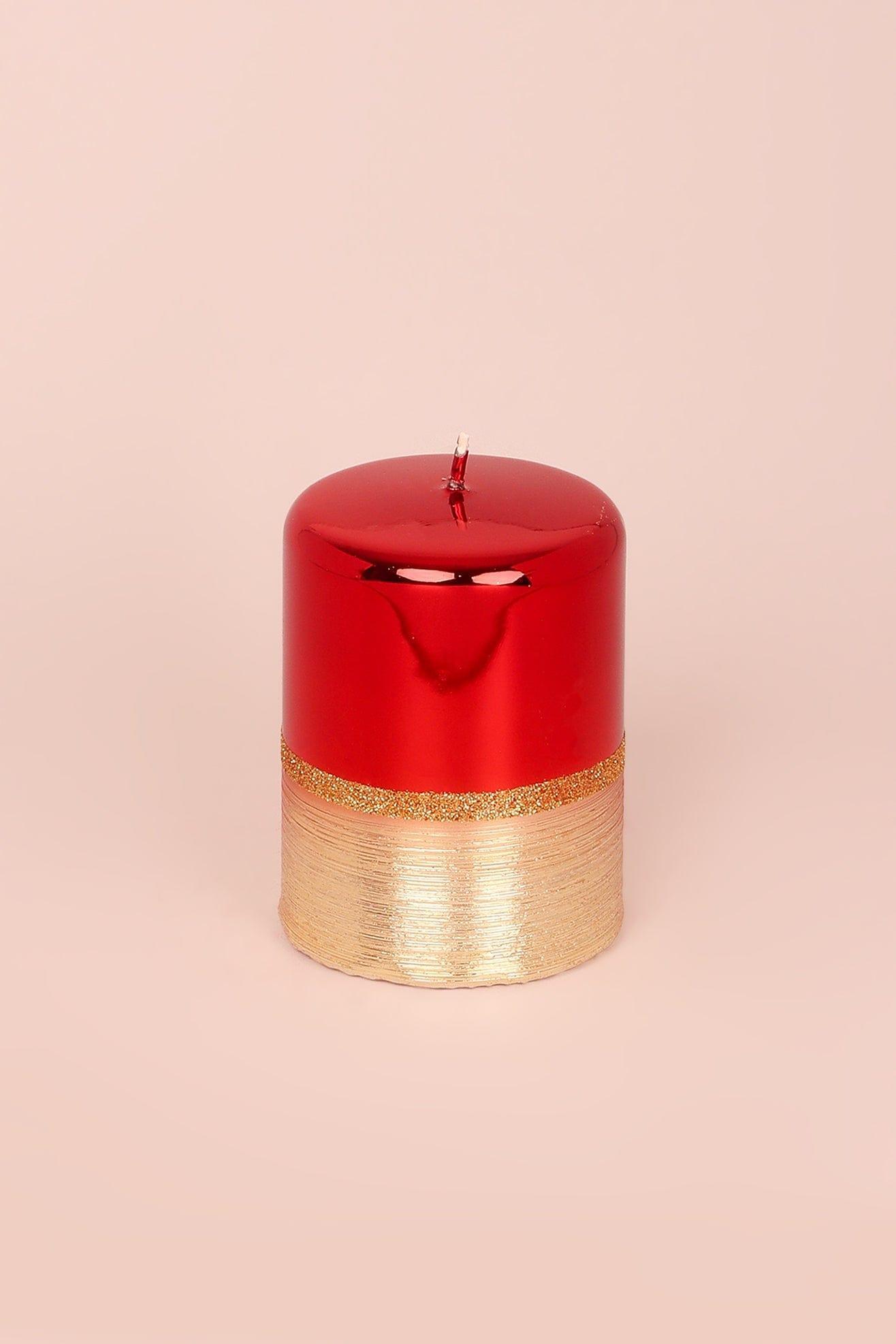 Mirror Glass Effect Limited Edition Hand-Finished Two-Tone Red Ruby &amp; Gold Pillar &amp; Ball Candles - G Decor