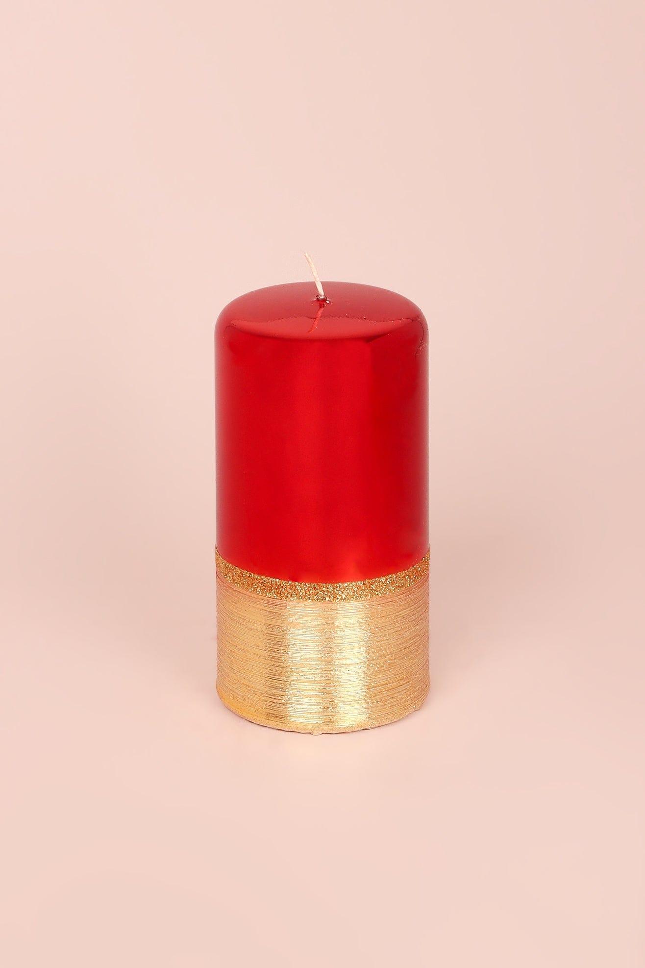 Mirror Glass Effect Limited Edition Hand-Finished Two-Tone Red Ruby &amp; Gold Pillar &amp; Ball Candles - G Decor