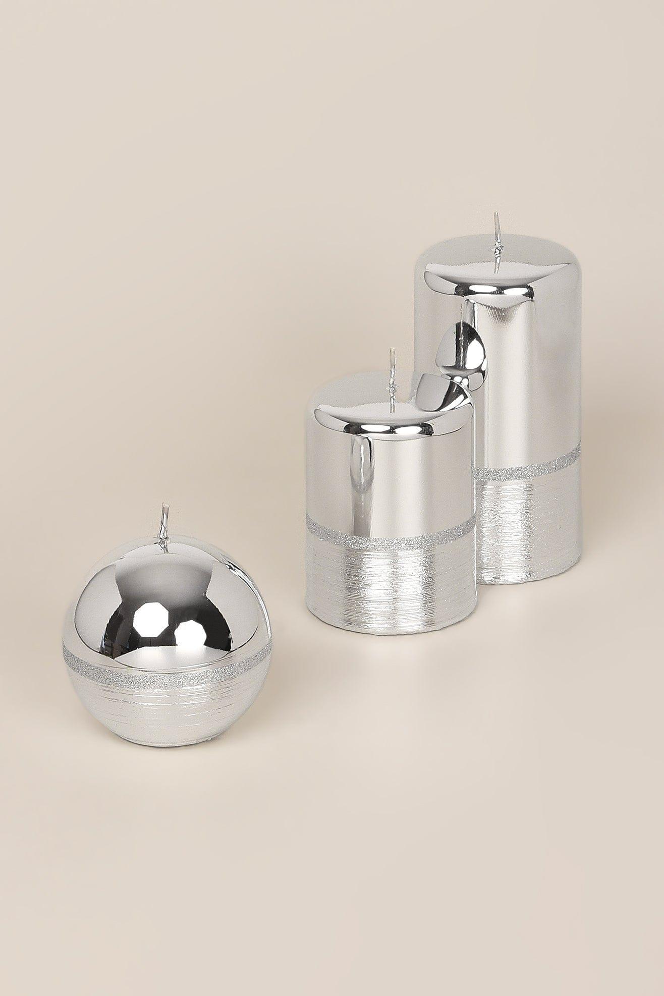 Mirror Glass Effect Limited Edition Hand-Finished Two-Tone Silver Glow Pillar &amp; Ball Candles - G Decor