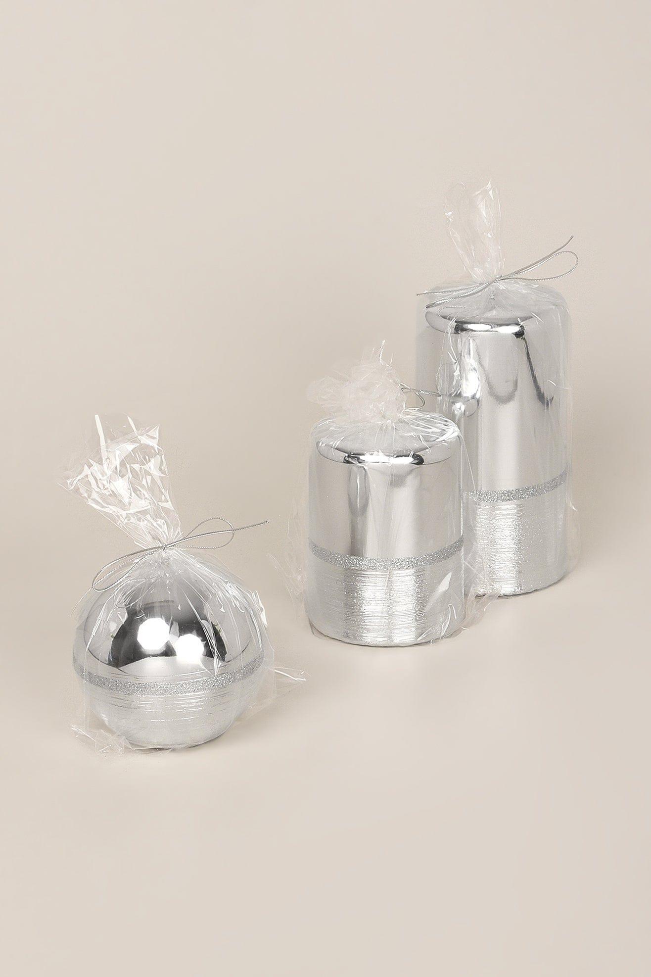 Mirror Glass Effect Limited Edition Hand-Finished Two-Tone Silver Glow Pillar & Ball Candles - G Decor