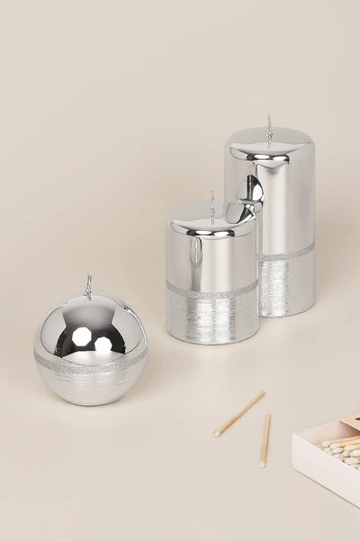 Mirror Glass Pillar and Ball Candles in Two-Tone Silver Glow