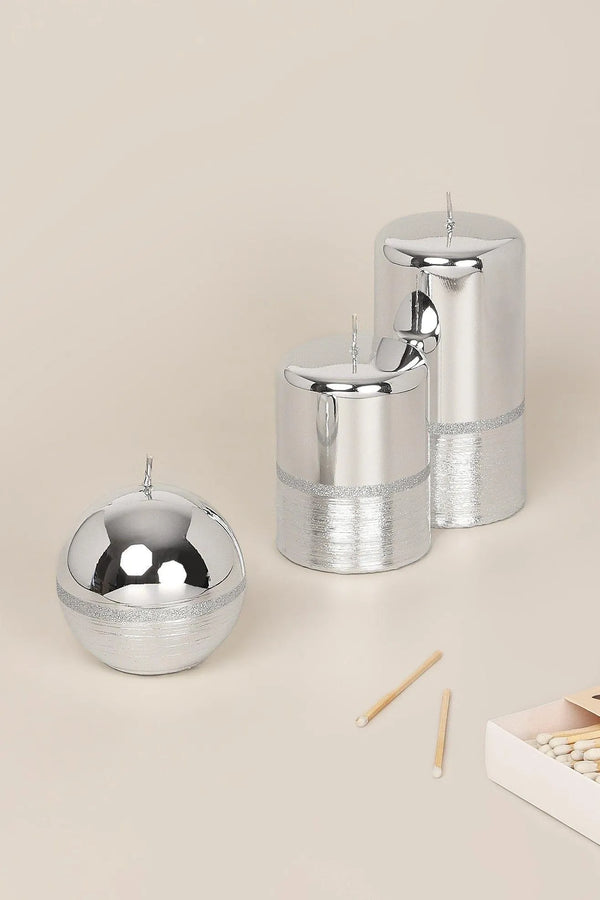 Mirror Glass Pillar and Ball Candles in Two-Tone Silver Glow