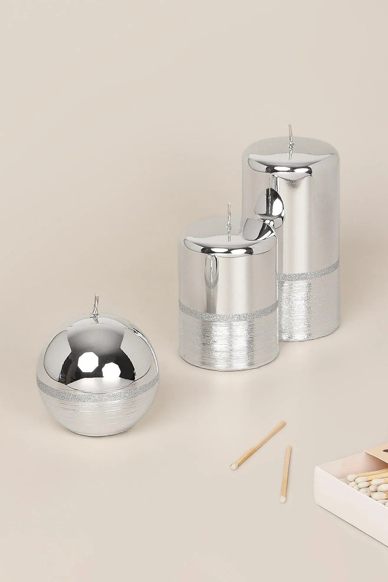 Mirror Glass Pillar and Ball Candles in Two-Tone Silver Glow