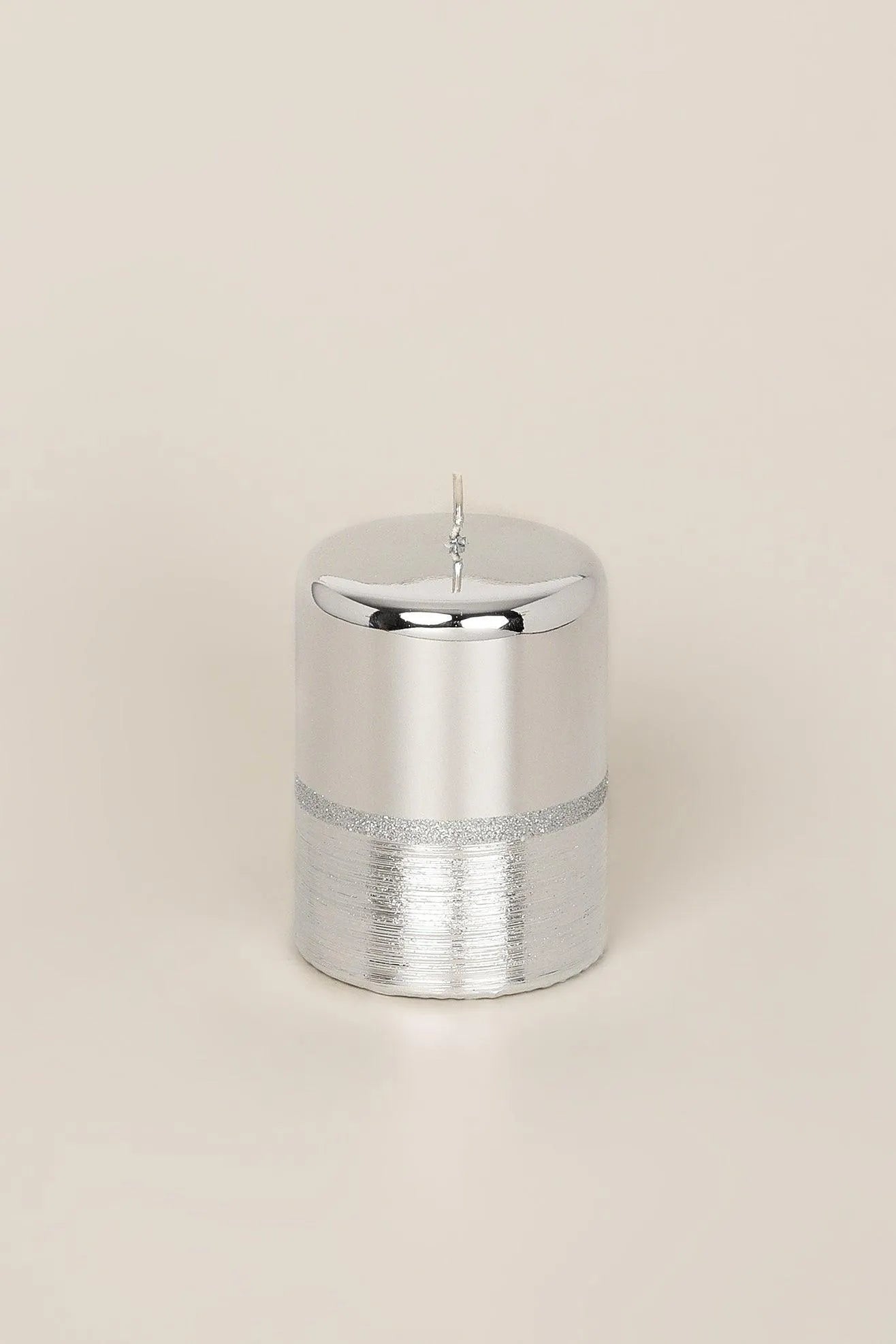 Mirror Glass Pillar and Ball Candles, Two-Tone Silver — close-up view, G Decor