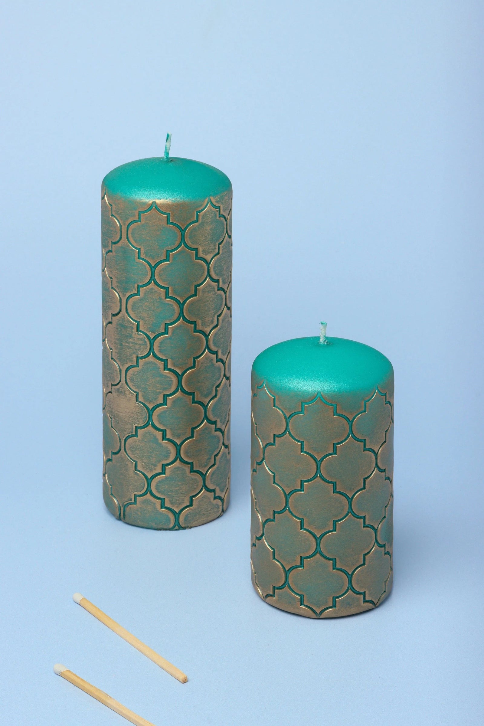 Moroccan Kanz Pressed Brass Lattice Pillar Candle in Emerald Green — G Decor