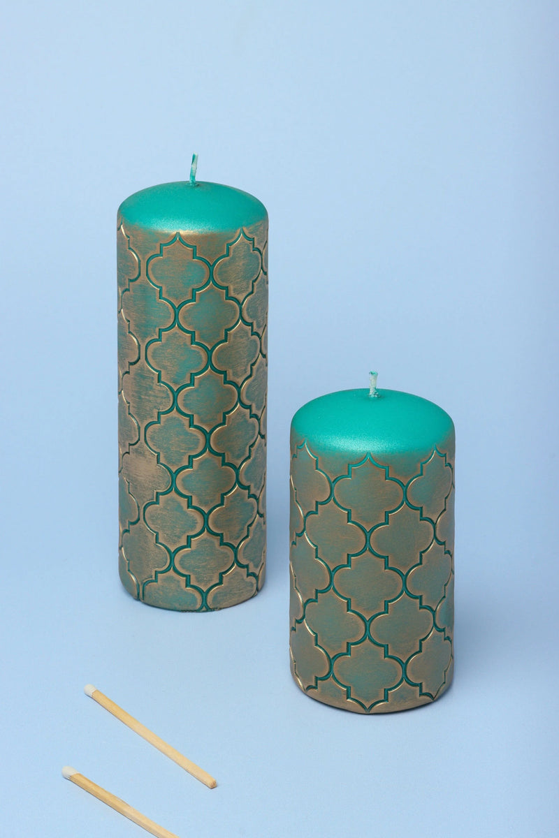 Moroccan Kanz Pressed Brass Lattice Pillar Candle in Emerald Green
