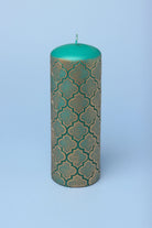 Moroccan Kanz Pressed Brass Lattice Pillar Candle in Emerald Green — alternate view, G Decor