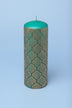Moroccan Kanz Pressed Brass Lattice Pillar Candle in Emerald Green — alternate view, G Decor