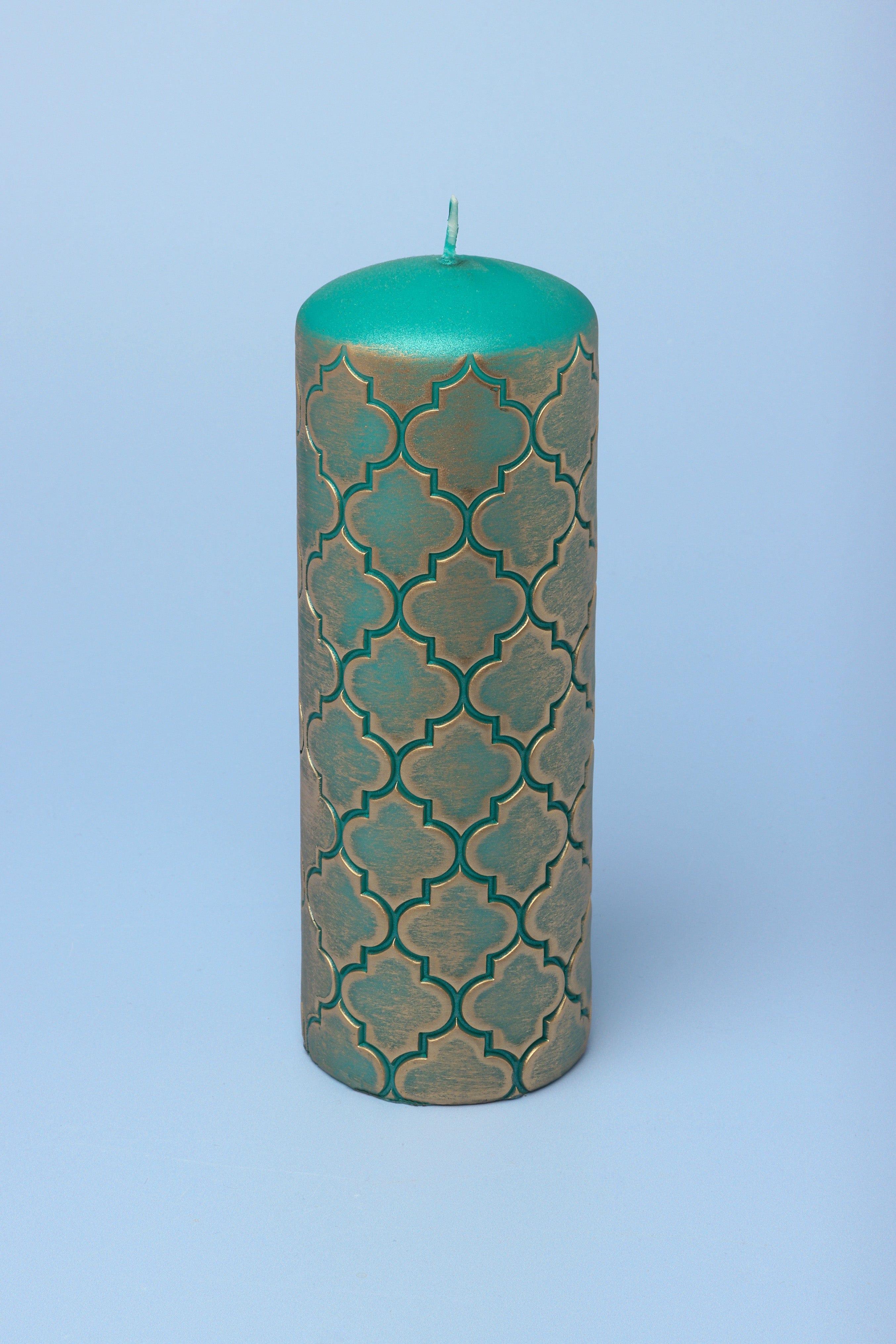 Moroccan Kanz Pressed Brass Emerald Lattice Jewel Green Pillar Candle - G Decor