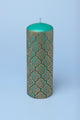 Moroccan Kanz Pressed Brass Emerald Lattice Jewel Green Pillar Candle - G Decor