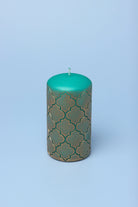Moroccan Kanz Pressed Brass Lattice Pillar Candle in Emerald Green — close-up view, G Decor