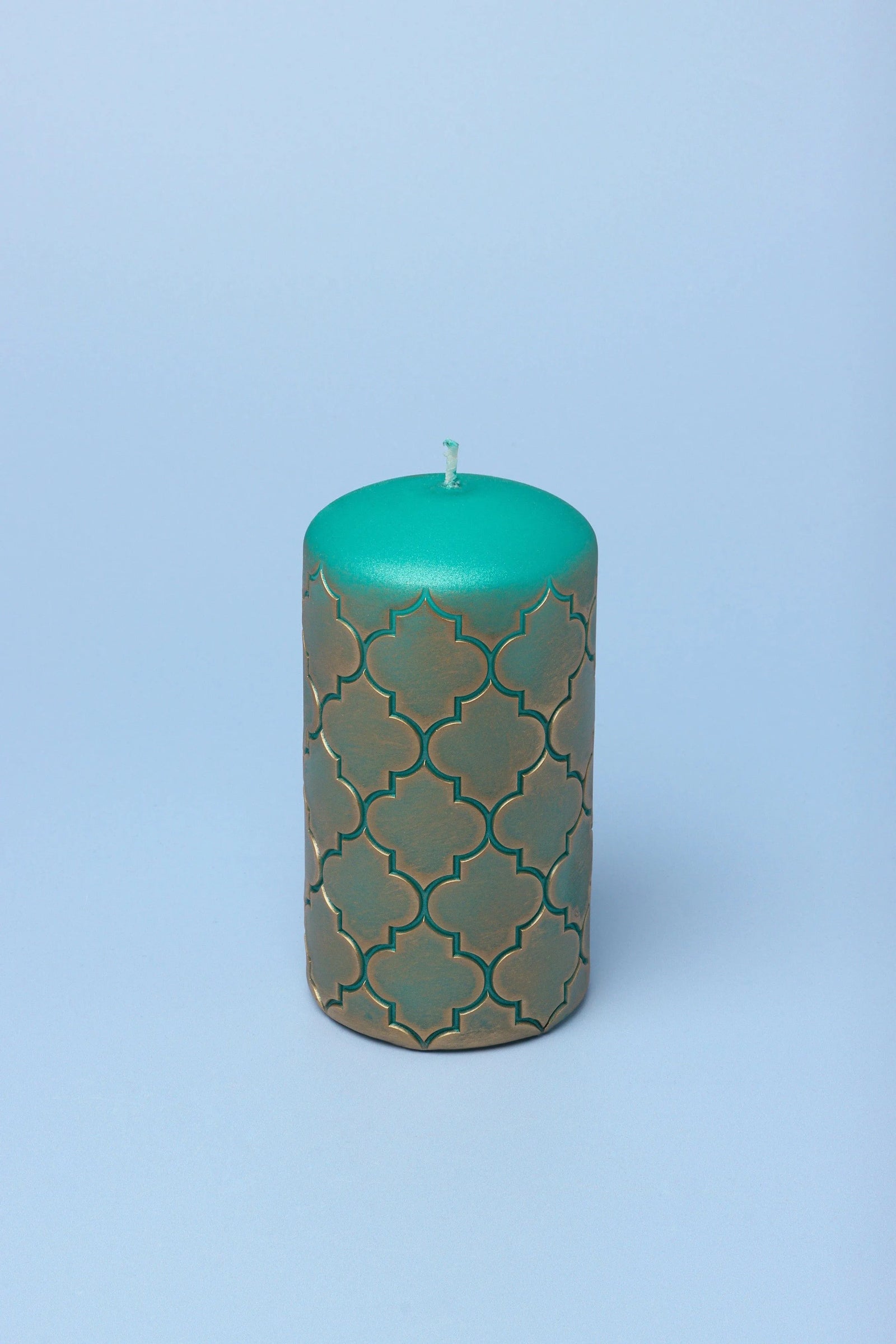 Moroccan Kanz Pressed Brass Lattice Pillar Candle in Emerald Green — close-up view, G Decor