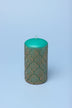Moroccan Kanz Pressed Brass Lattice Pillar Candle in Emerald Green — close-up view, G Decor