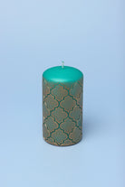 Moroccan Kanz Pressed Brass Emerald Lattice Jewel Green Pillar Candle - G Decor