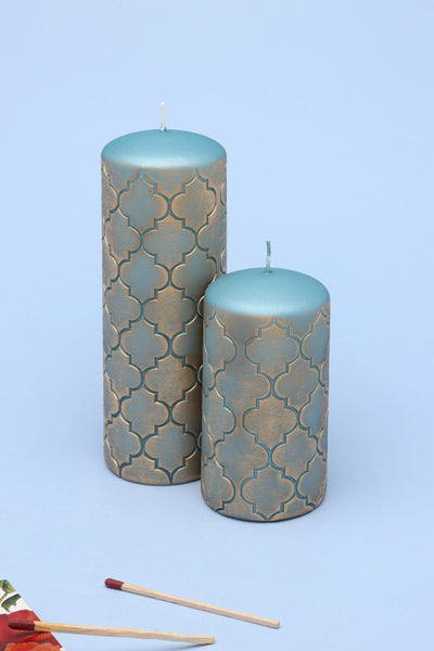 G Decor Candles Green / Set Morocco Gold Brass Turquoise Blue Pillar Candle