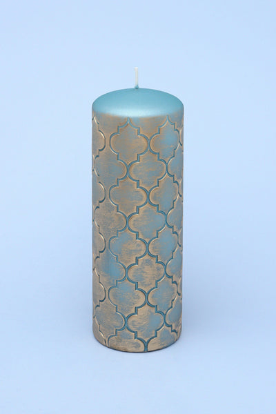 G Decor Candles Green / Large Morocco Gold Brass Turquoise Blue Pillar Candle
