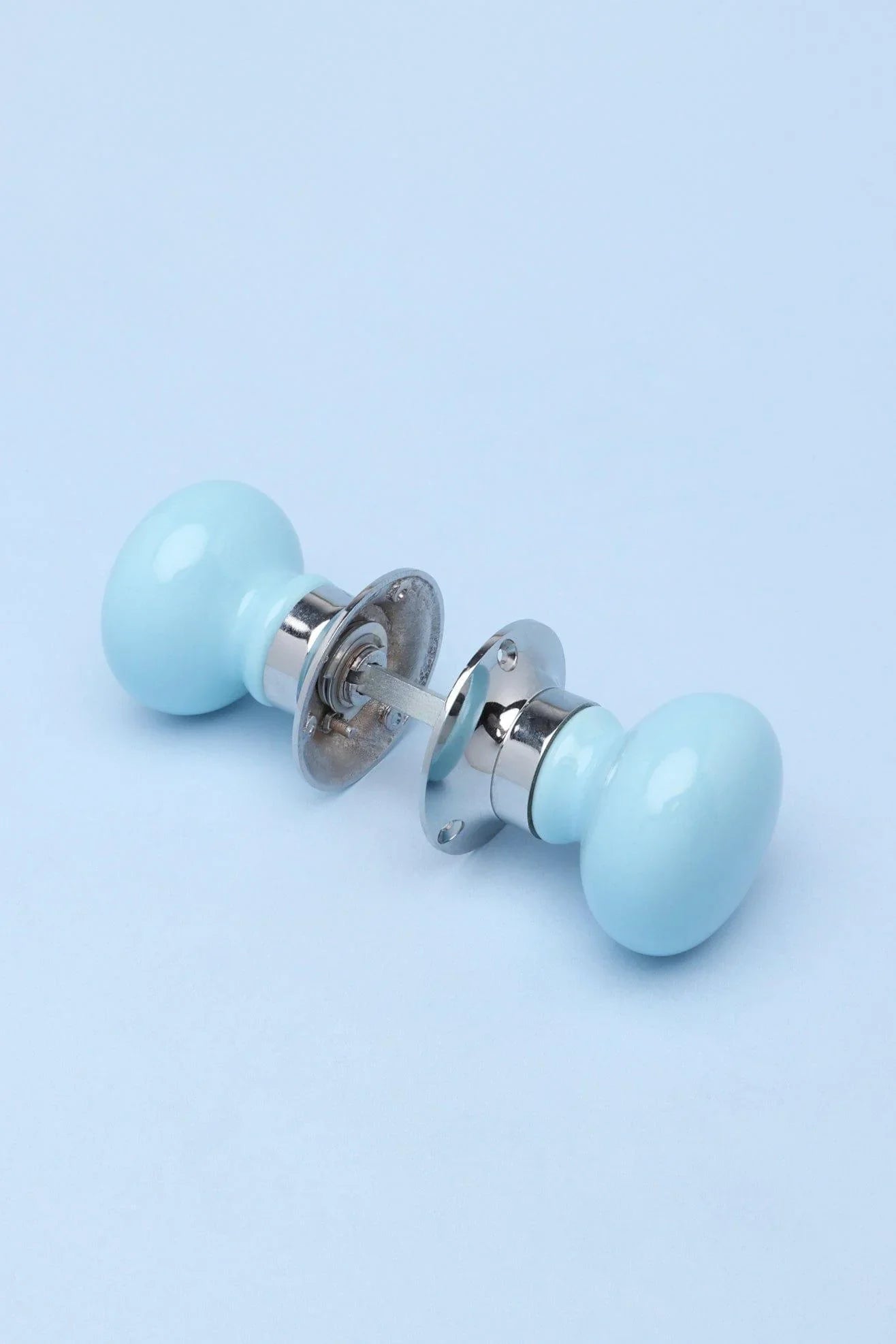 Perfect Edit Light Blue Ceramic Mortice Door Knobs with Chrome Base — lifestyle view, G Decor