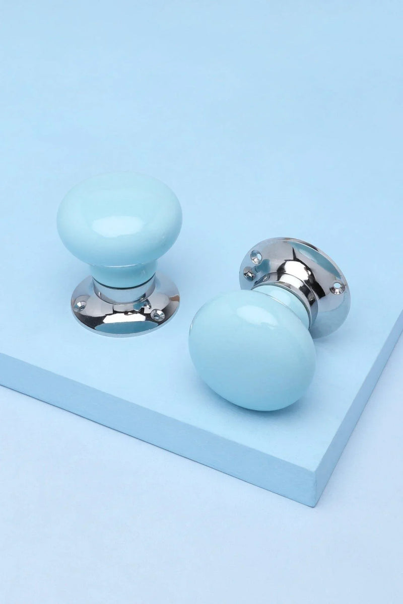 Perfect Edit Light Blue Ceramic Mortice Door Knobs with Chrome Base