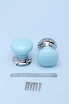 Perfect Edit Light Blue Ceramic Mortice Door Knobs with Chrome Base — close-up view, G Decor