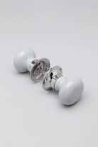Perfect Edit Light Grey Ceramic Mortice Door Knobs with Chrome Base — lifestyle view, G Decor