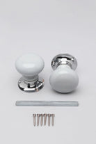 Perfect Edit Light Grey Ceramic Mortice Door Knobs with Chrome Base — close-up view, G Decor