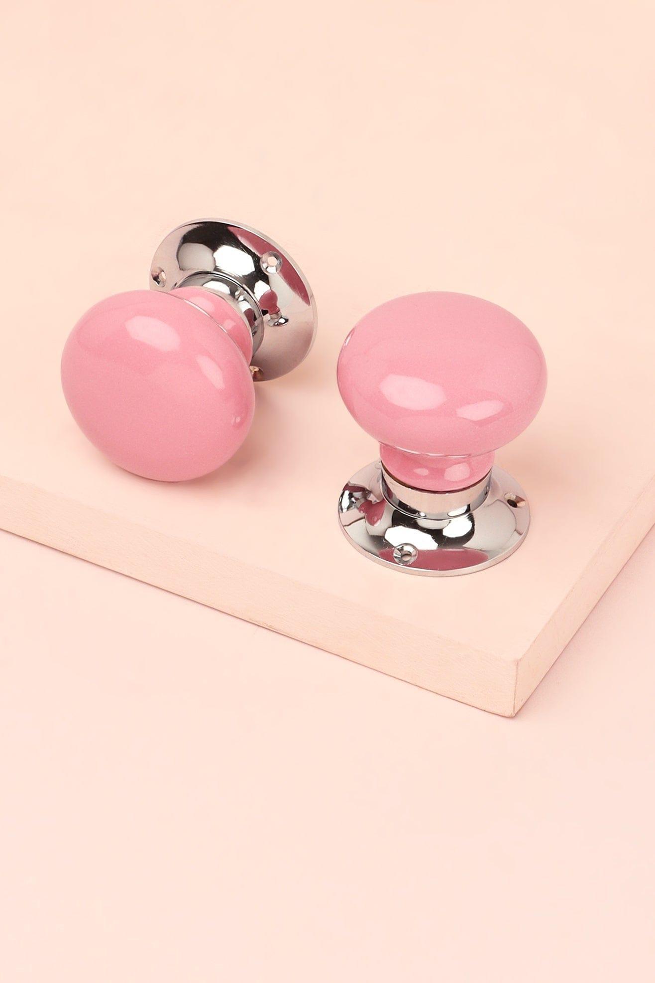 Perfect Edit Pink Set of Handcrafted Ceramic Mortice Door Handles, Internal Turning Knobs for Bedroom & Room Doors with Chrome Base - G Decor