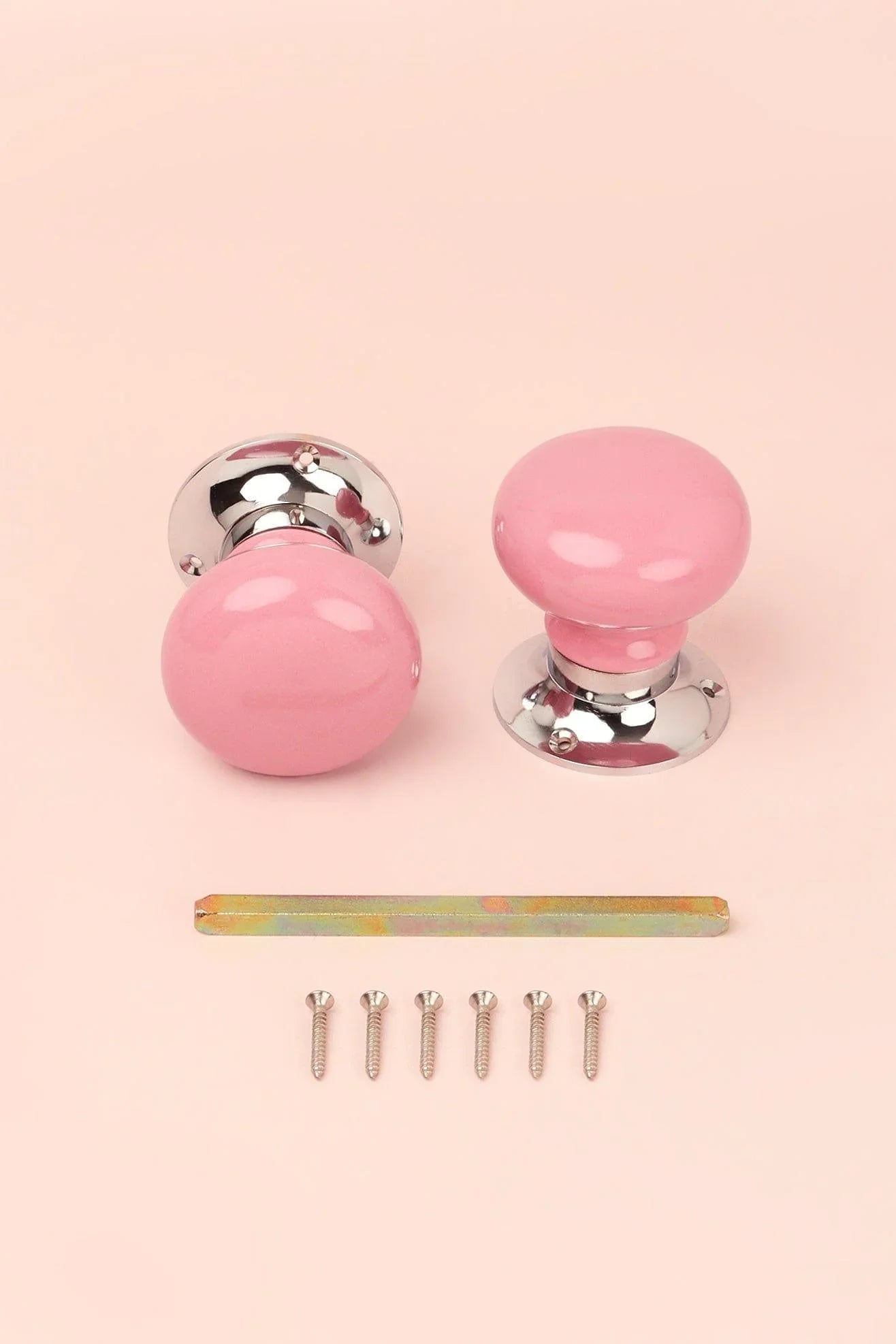 Perfect Edit Pink Ceramic Mortice Door Knobs with Chrome Base — close-up view, G Decor