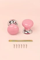 Perfect Edit Pink Ceramic Mortice Door Knobs with Chrome Base — close-up view, G Decor