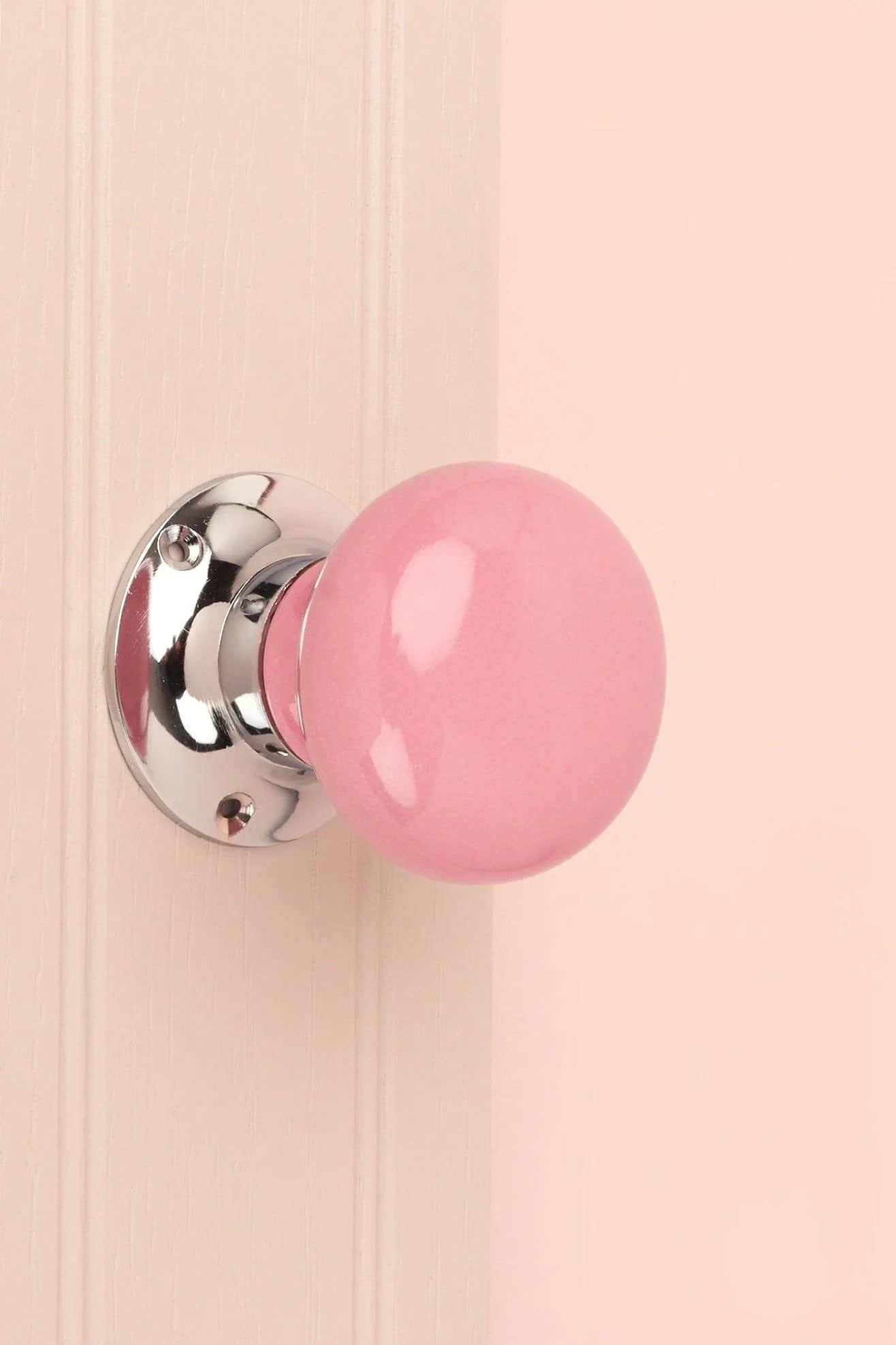 Perfect Edit Pink Ceramic Mortice Door Knobs with Chrome Base — alternate view, G Decor