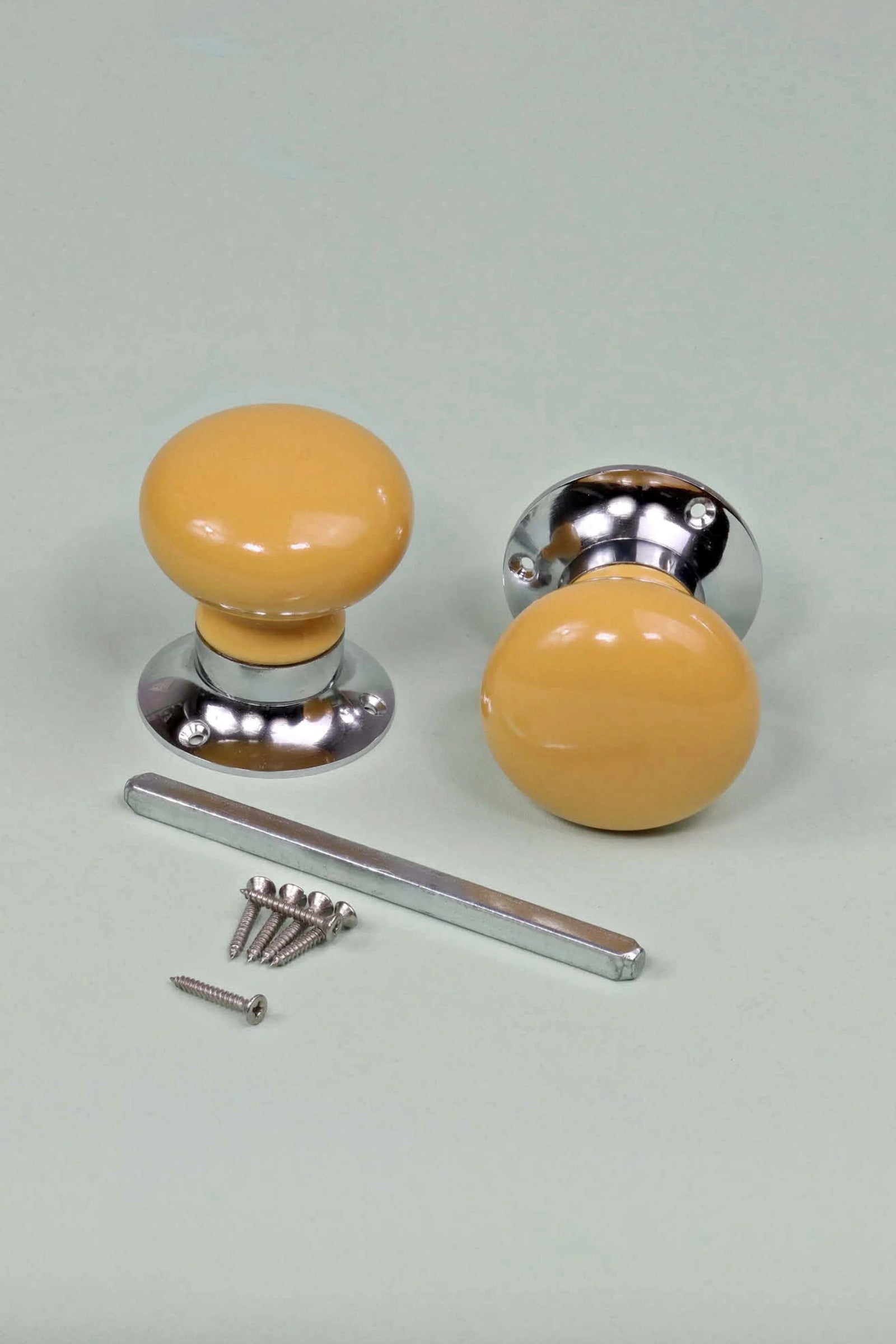 Perfect Edit Sunny Yellow Ceramic Mortice Door Knobs with Chrome Base — lifestyle view, G Decor