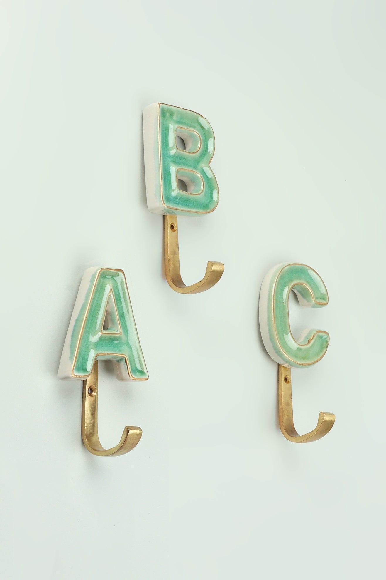 Personalised Handcrafted Monogram Alphabet Green Crackle Glazed Hooks Hand-Painted Ceramic & Antique Finish Brass Letter Wall Coat Hooks - G Decor