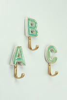 Personalised Handcrafted Monogram Alphabet Green Crackle Glazed Hooks Hand-Painted Ceramic & Antique Finish Brass Letter Wall Coat Hooks - G Decor
