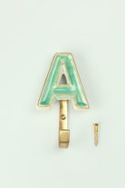 Personalised Handcrafted Monogram Alphabet Green Crackle Glazed Hooks Hand-Painted Ceramic & Antique Finish Brass Letter Wall Coat Hooks - G Decor