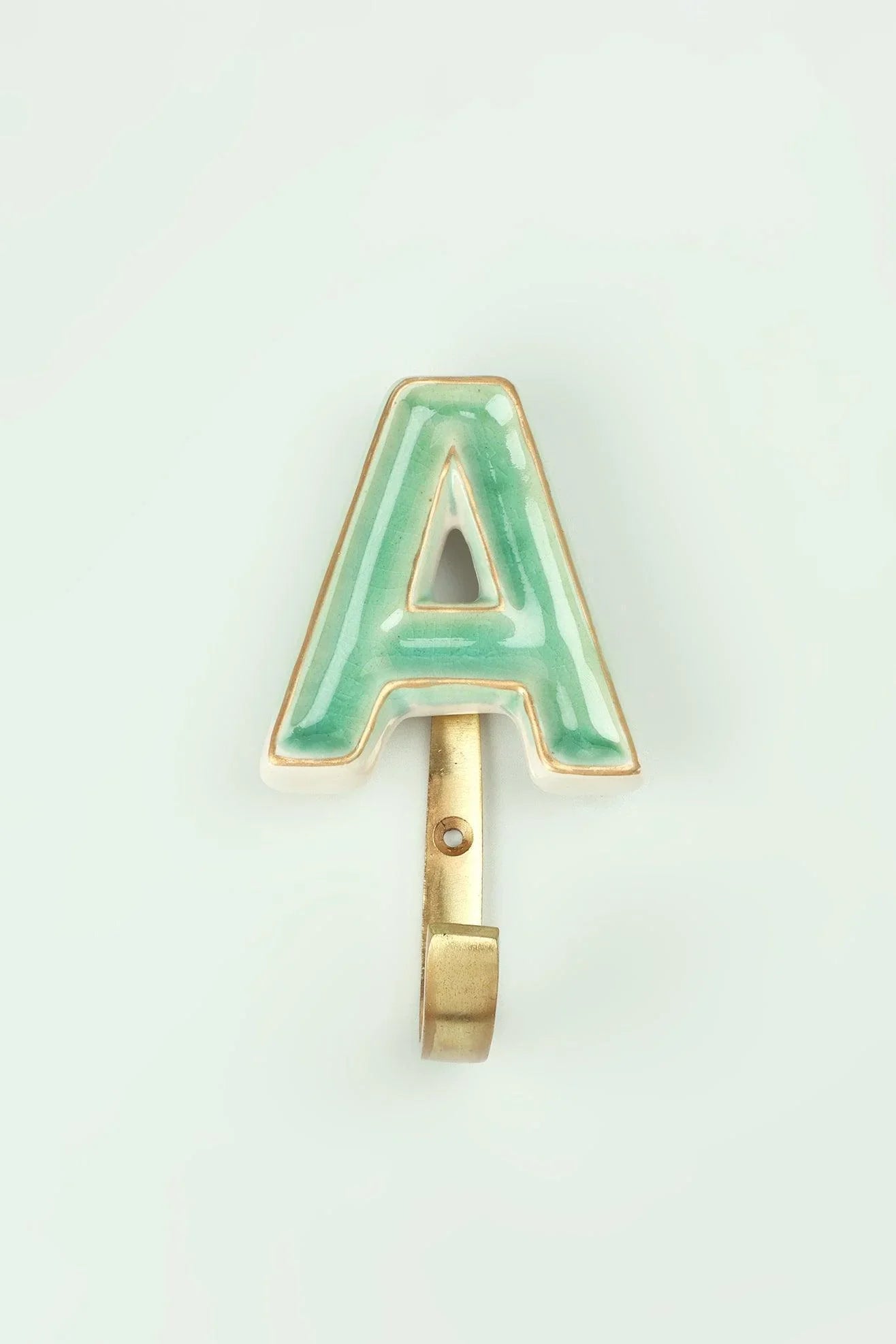 Personalised Green Crackle Monogram Coat Hook in Antique Brass — close-up view, G Decor