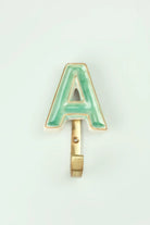 Personalised Green Crackle Monogram Coat Hook in Antique Brass — close-up view, G Decor