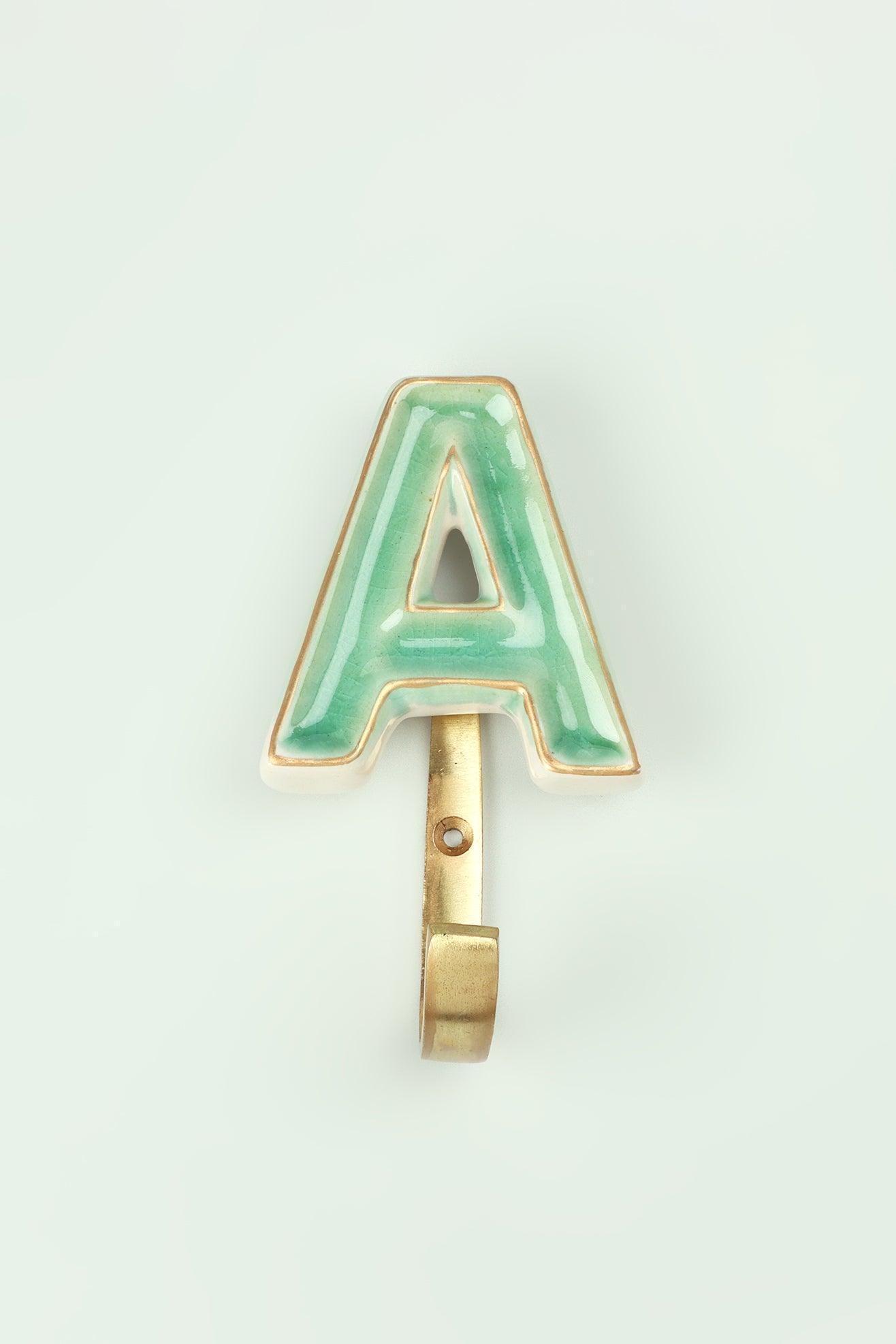 Personalised Handcrafted Monogram Alphabet Green Crackle Glazed Hooks Hand-Painted Ceramic & Antique Finish Brass Letter Wall Coat Hooks - G Decor